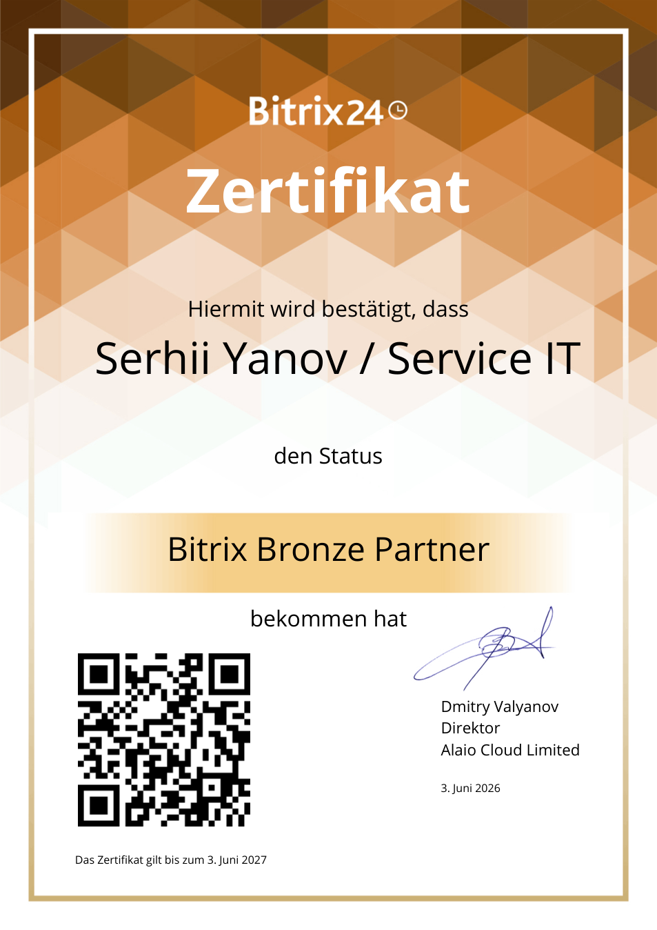Bitrix24 Bronze Partner certificate - Service IT